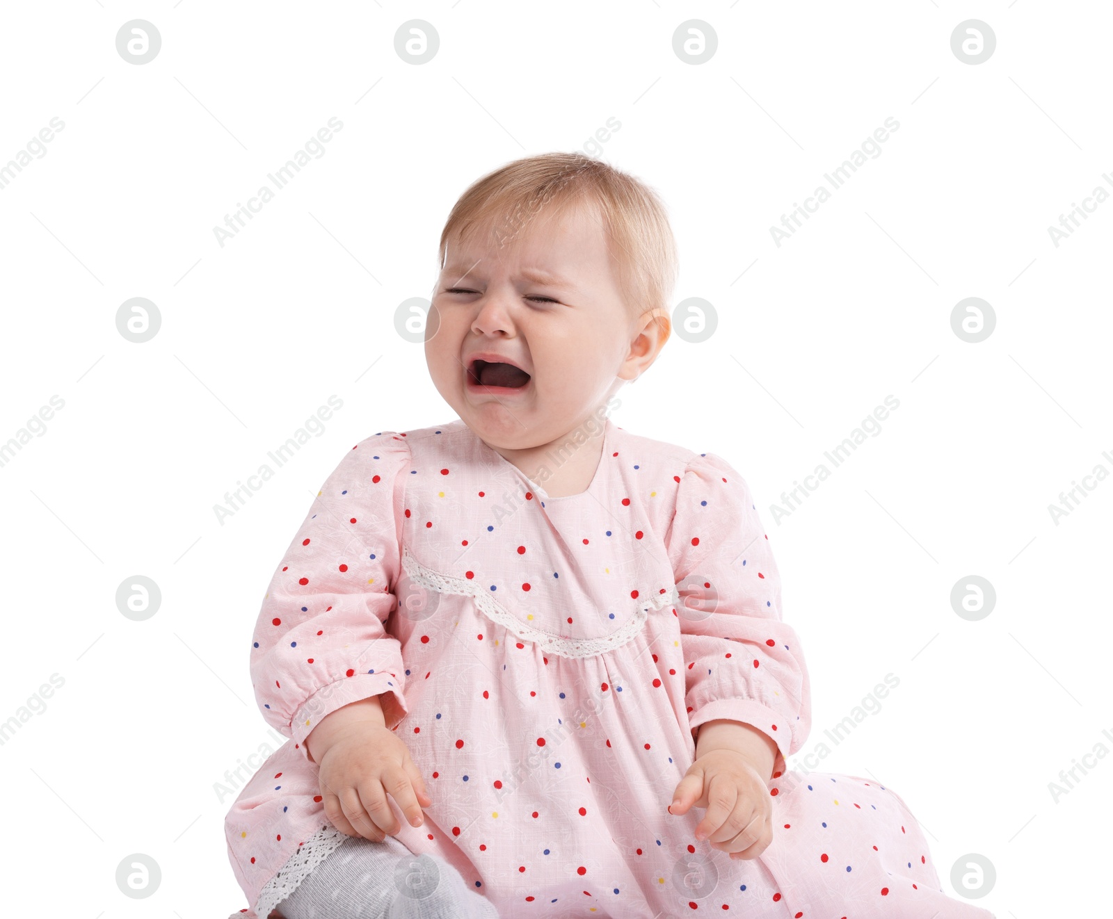 Cute little baby girl crying on white background Photo of Cute little baby girl crying on white background