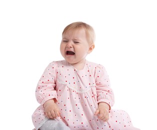 Photo of Cute little baby girl crying on white background