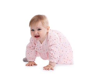 Photo of Cute little baby girl crying on white background