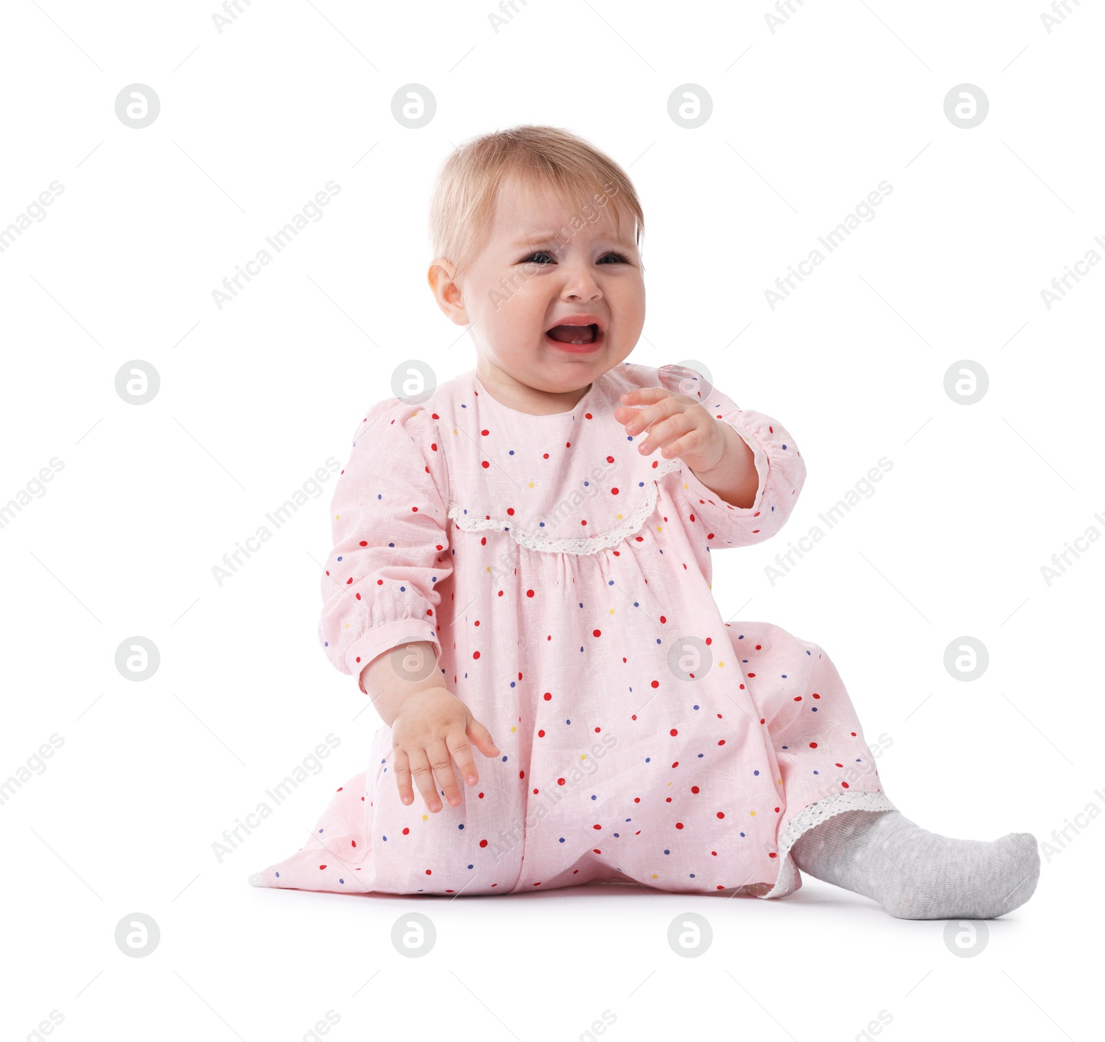 Cute little baby girl crying on white background Photo of Cute little baby girl crying on white background