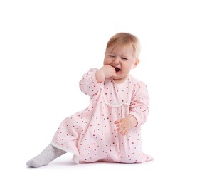 Photo of Cute little baby girl crying on white background