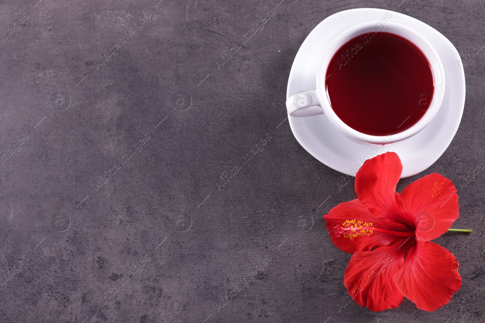 Tasty hibiscus tea in cup and beautiful flower on grey textured table, flat lay. Space for text Photo of Tasty hibiscus tea in cup and beautiful flower on grey textured table, flat lay. Space for text