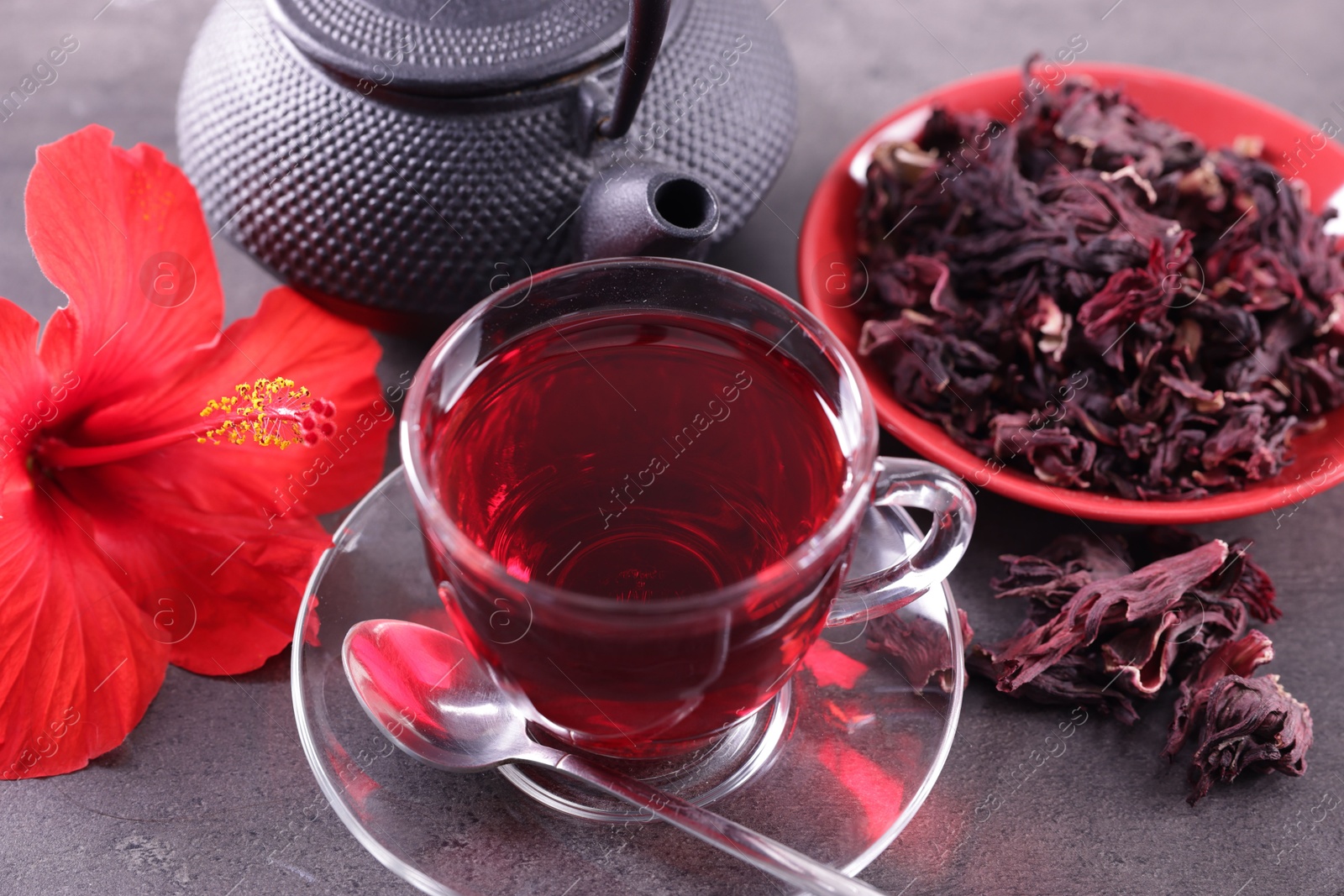 Tasty hibiscus tea in cup, teapot, dry roselle sepals and beautiful flower on grey textured table, closeup Photo of Tasty hibiscus tea in cup, teapot, dry roselle sepals and beautiful flower on grey textured table, closeup