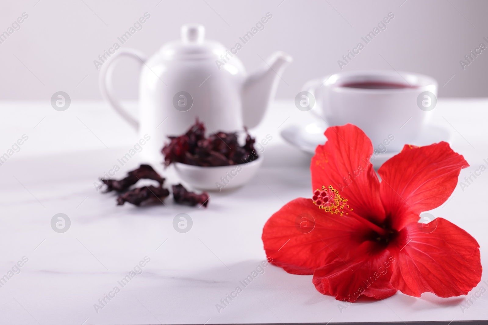 Beautiful flower, dry roselle sepals and tasty hibiscus tea on white marble table against grey background, selective focus Photo of Beautiful flower, dry roselle sepals and tasty hibiscus tea on white marble table against grey background, selective focus