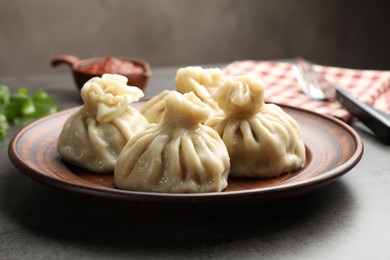 Photo of Delicious khinkali served with sauce on grey table, closeup