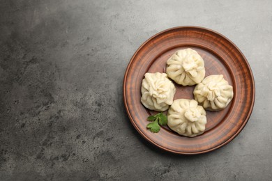Photo of Delicious khinkali served on grey table, top view. Space for text