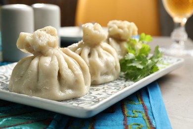 Photo of Delicious khinkali served with cilantro on grey table, closeup