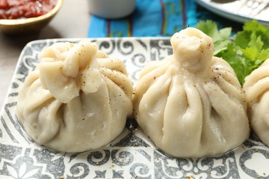 Photo of Delicious khinkali served with sauce and cilantro on grey table, closeup