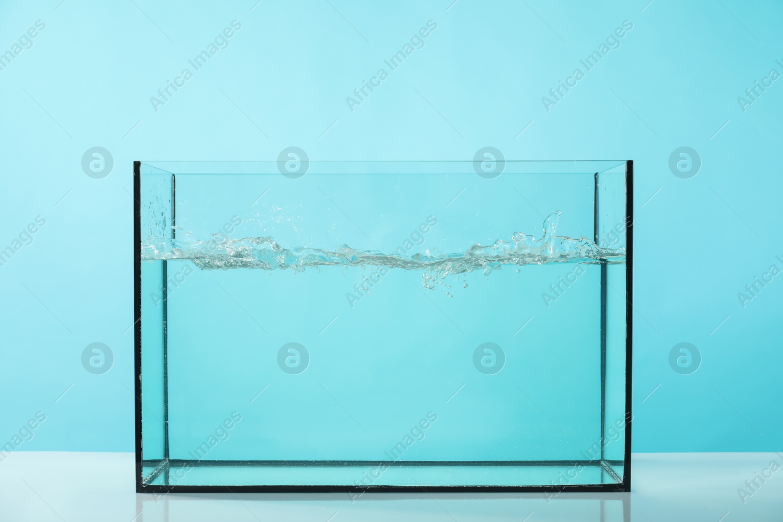 Glass aquarium with splashing water on table against light blue background Photo of Glass aquarium with splashing water on table against light blue background