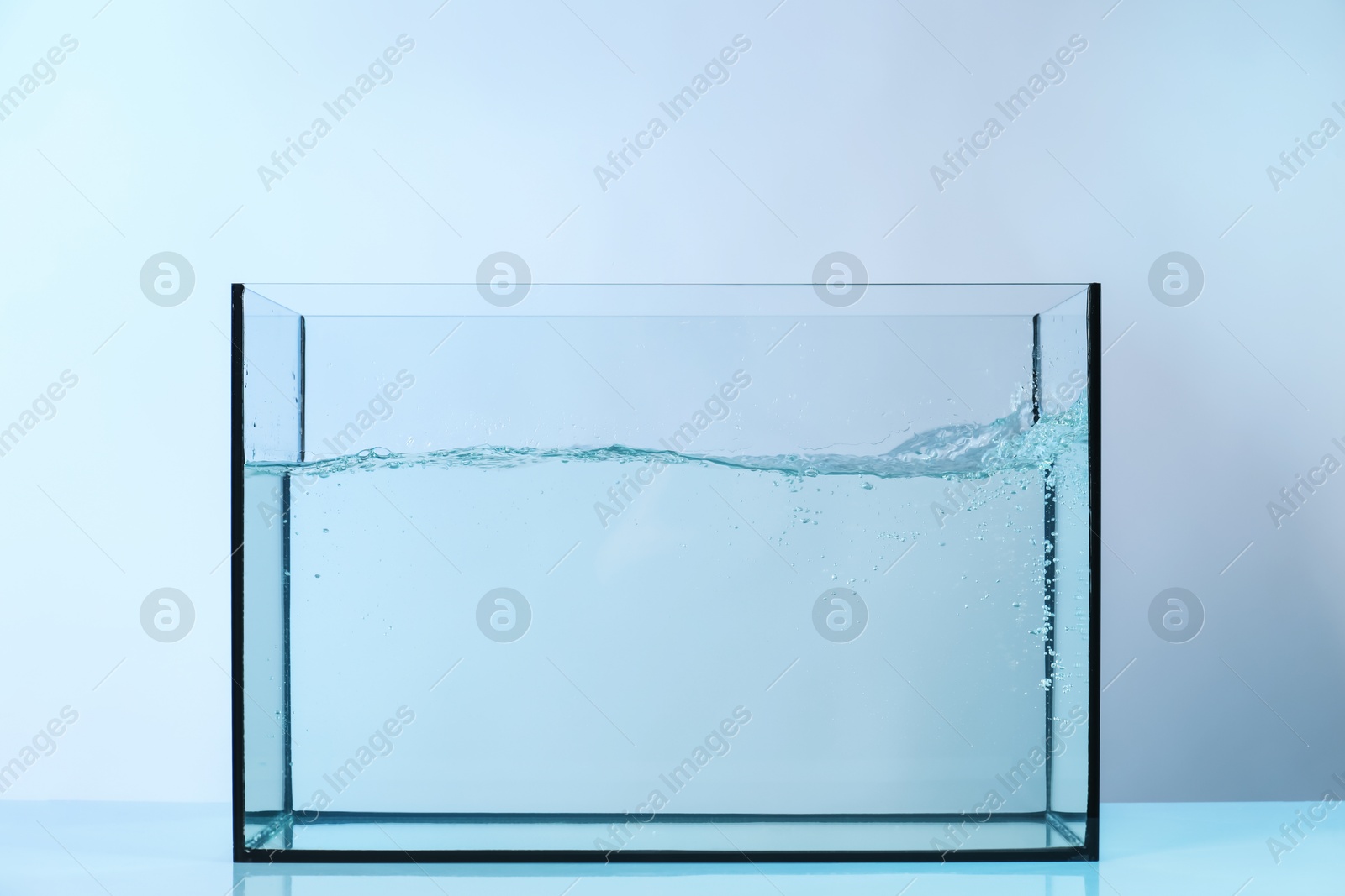 Glass aquarium with splashing water on light background Photo of Glass aquarium with splashing water on light background