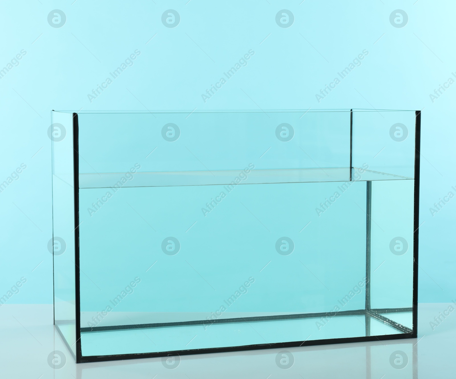 Glass aquarium with water on white table against turquoise background Photo of Glass aquarium with water on white table against turquoise background