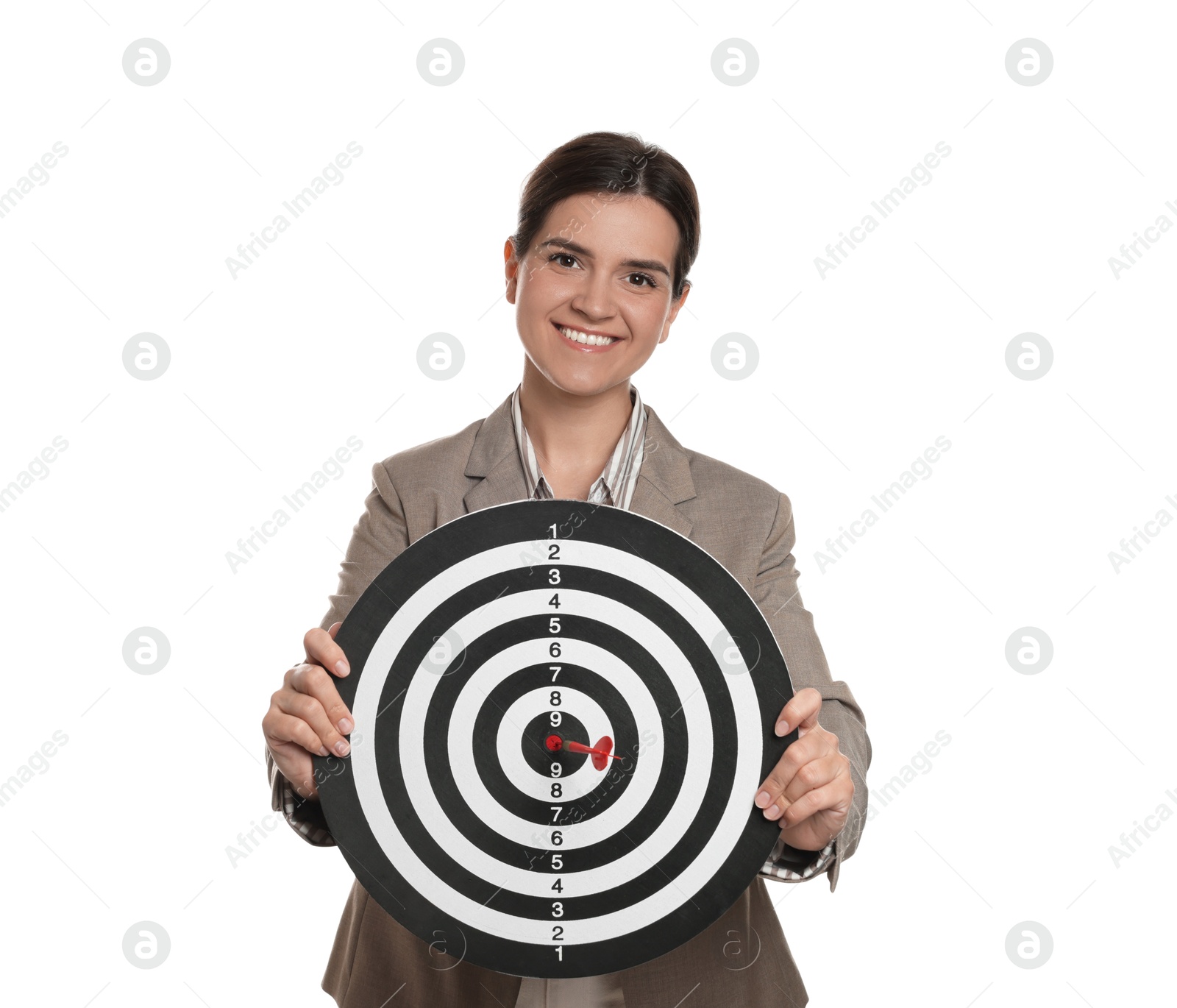 Targeting. Smiling businesswoman with dart board on white background Photo of Targeting. Smiling businesswoman with dart board on white background