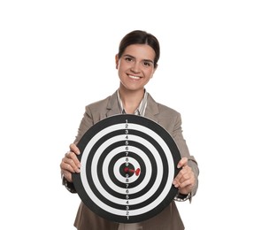 Photo of Targeting. Smiling businesswoman with dart board on white background