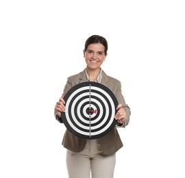 Photo of Targeting. Smiling businesswoman with dart board on white background