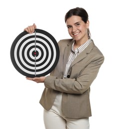 Photo of Targeting. Smiling businesswoman with dart board on white background