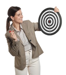 Photo of Targeting. Smiling businesswoman with dart board and arrow on white background