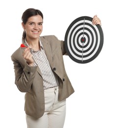 Photo of Targeting. Smiling businesswoman with dart board and arrow on white background