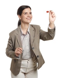 Photo of Targeting. Smiling businesswoman with dart aiming on white background