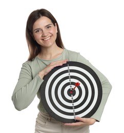 Photo of Targeting. Smiling woman with dart board and arrow on white background