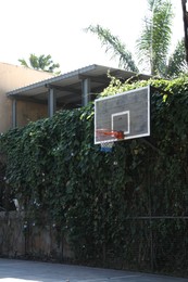 Photo of Basketball backboard with net on court outdoors