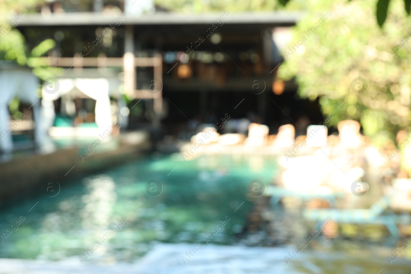 Blurred view of sunbeds and swimming pool outdoors Photo of Blurred view of sunbeds and swimming pool outdoors