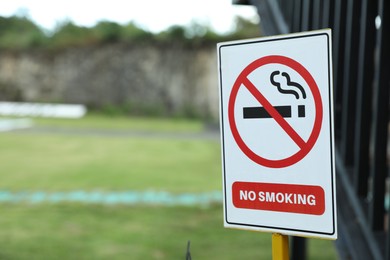 Photo of No Smoking sign outdoors, space for text