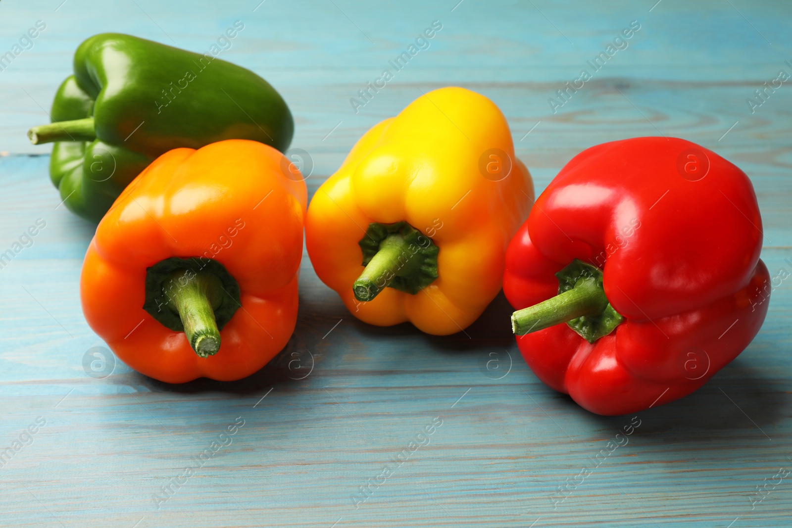 Fresh colorful bell peppers on blue wooden table, closeup Photo of Fresh colorful bell peppers on blue wooden table, closeup