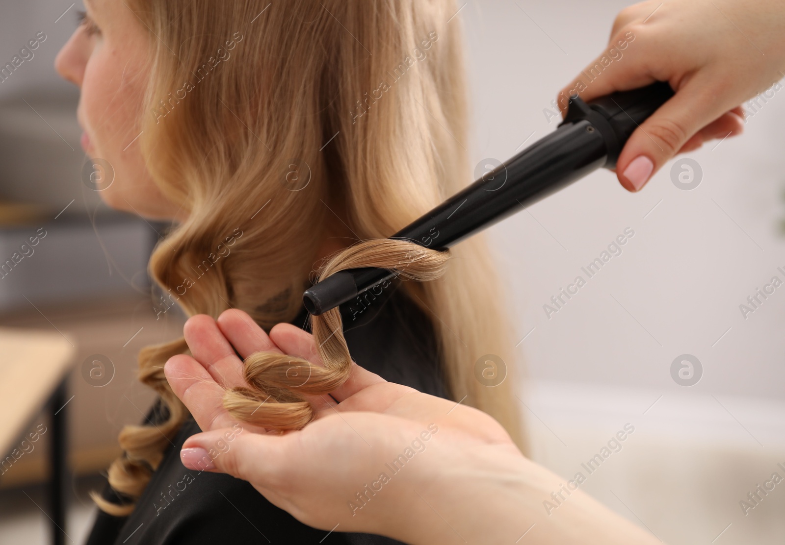 Hairdresser curling woman's hair in salon, closeup Photo of Hairdresser curling woman's hair in salon, closeup