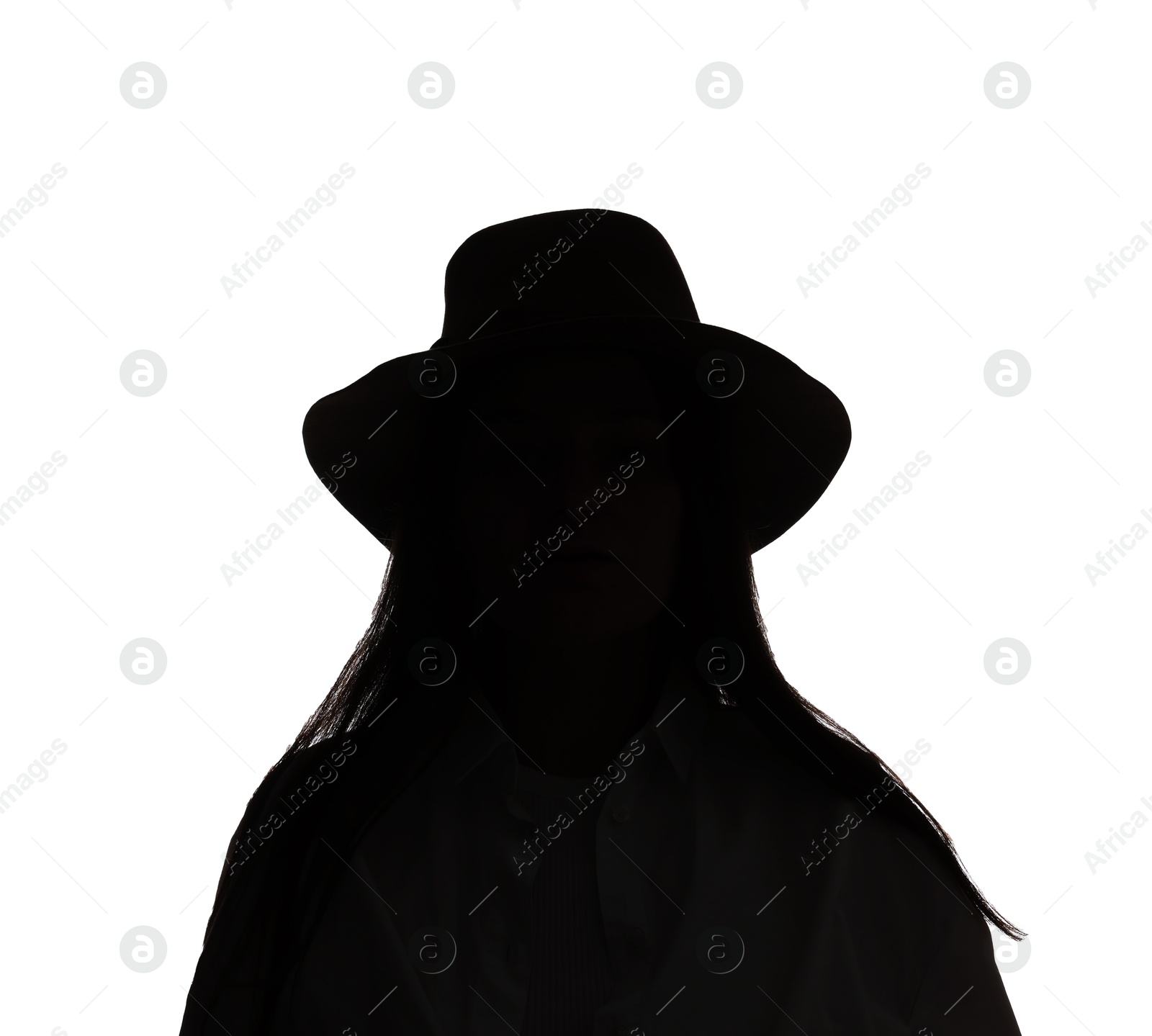Silhouette of woman in hat on white background Photo of Silhouette of woman in hat on white background