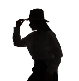 Photo of Silhouette of woman in hat on white background