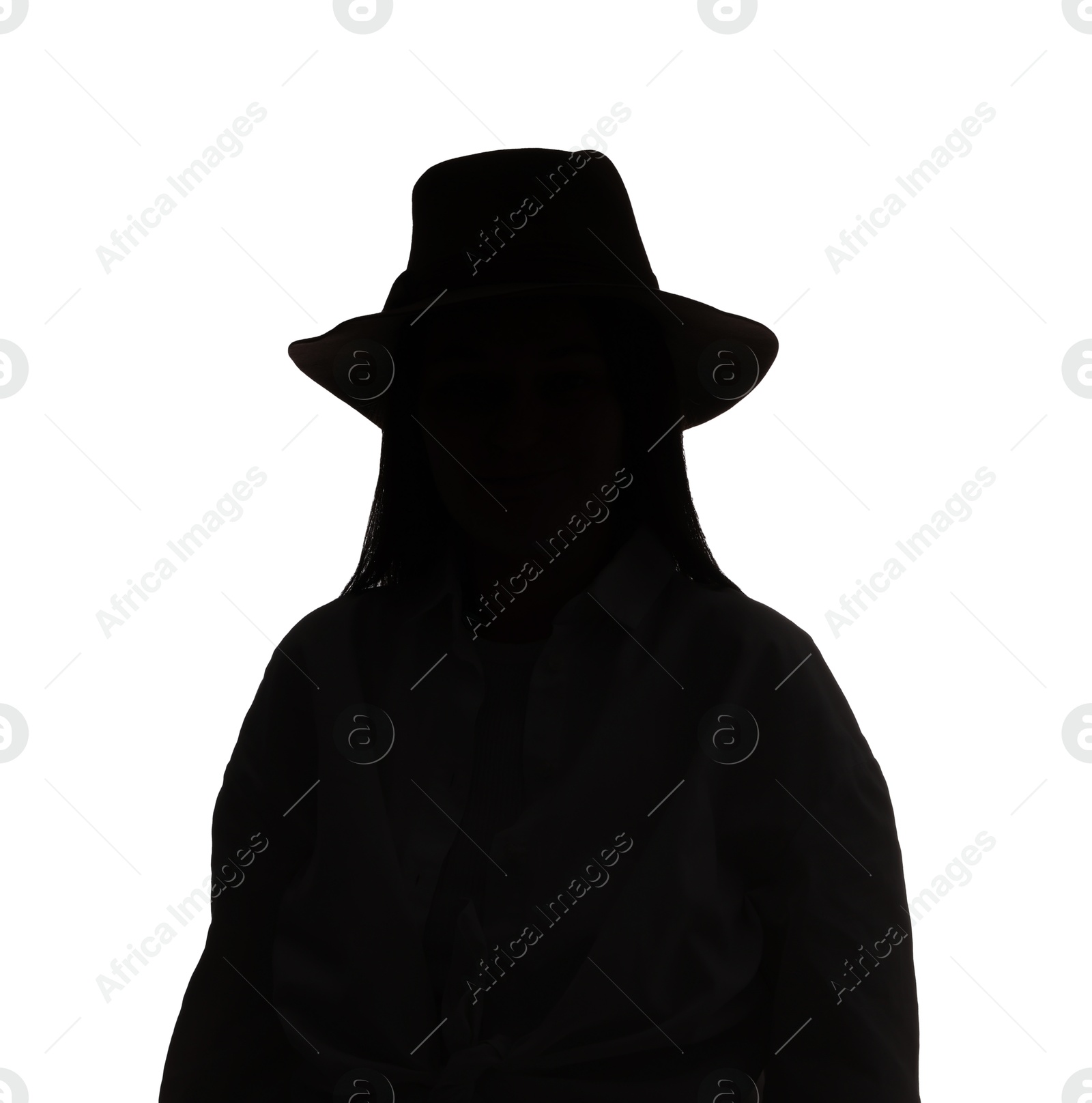 Silhouette of woman in hat on white background Photo of Silhouette of woman in hat on white background