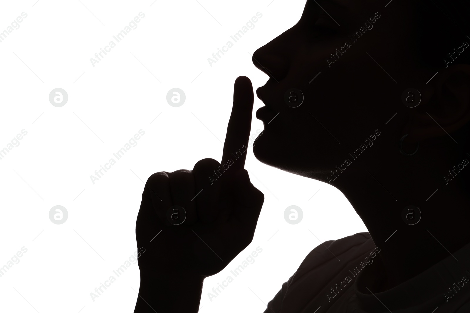 Silhouette of woman making silent gesture on white background, closeup Photo of Silhouette of woman making silent gesture on white background, closeup