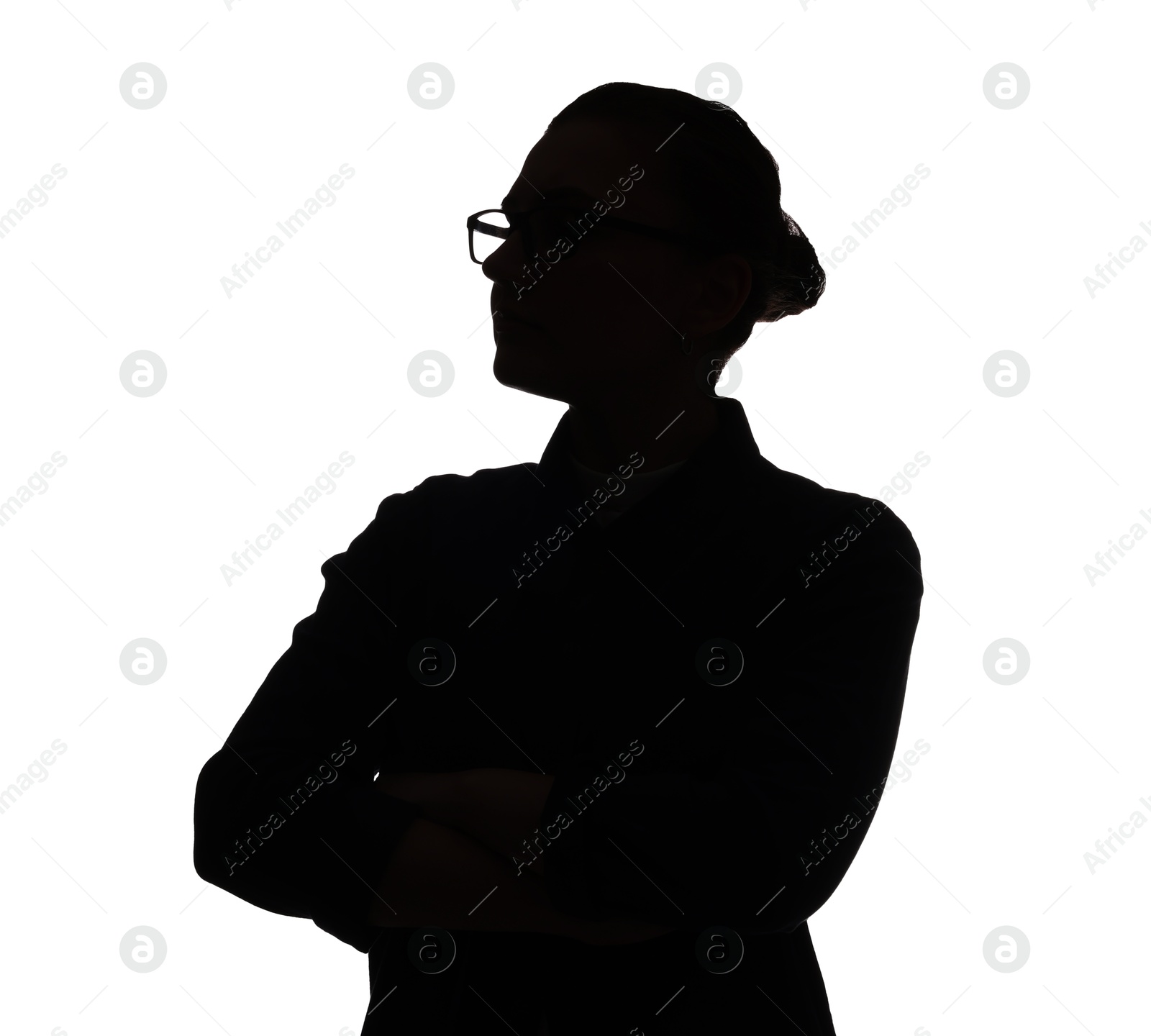 Silhouette of woman in glasses on white background Photo of Silhouette of woman in glasses on white background