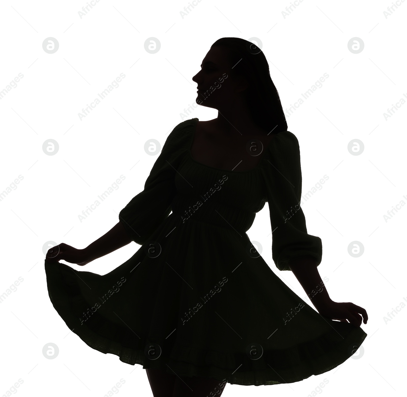 Silhouette of woman in dress on white background Photo of Silhouette of woman in dress on white background