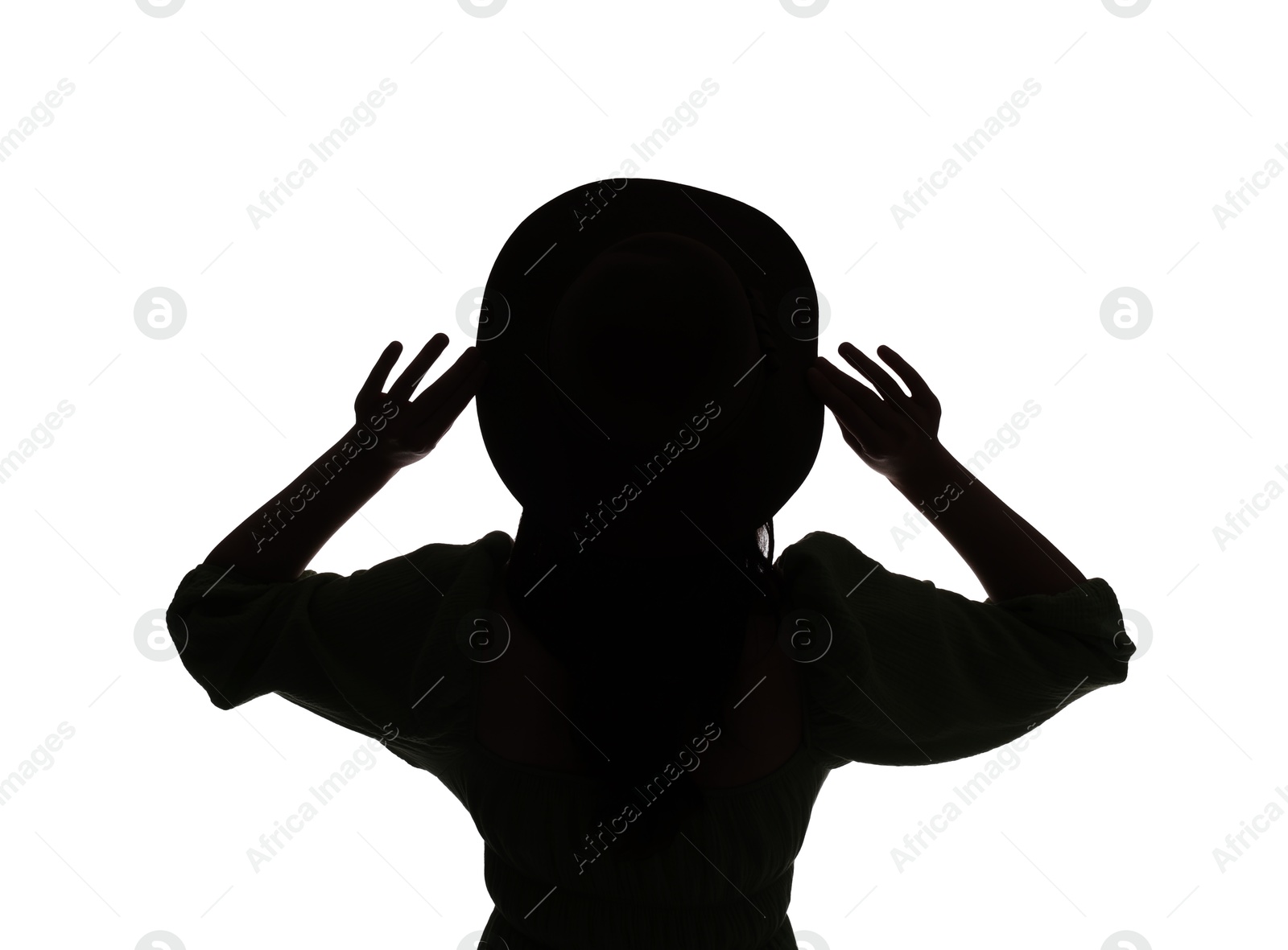 Silhouette of woman in hat on white background, back view Photo of Silhouette of woman in hat on white background, back view
