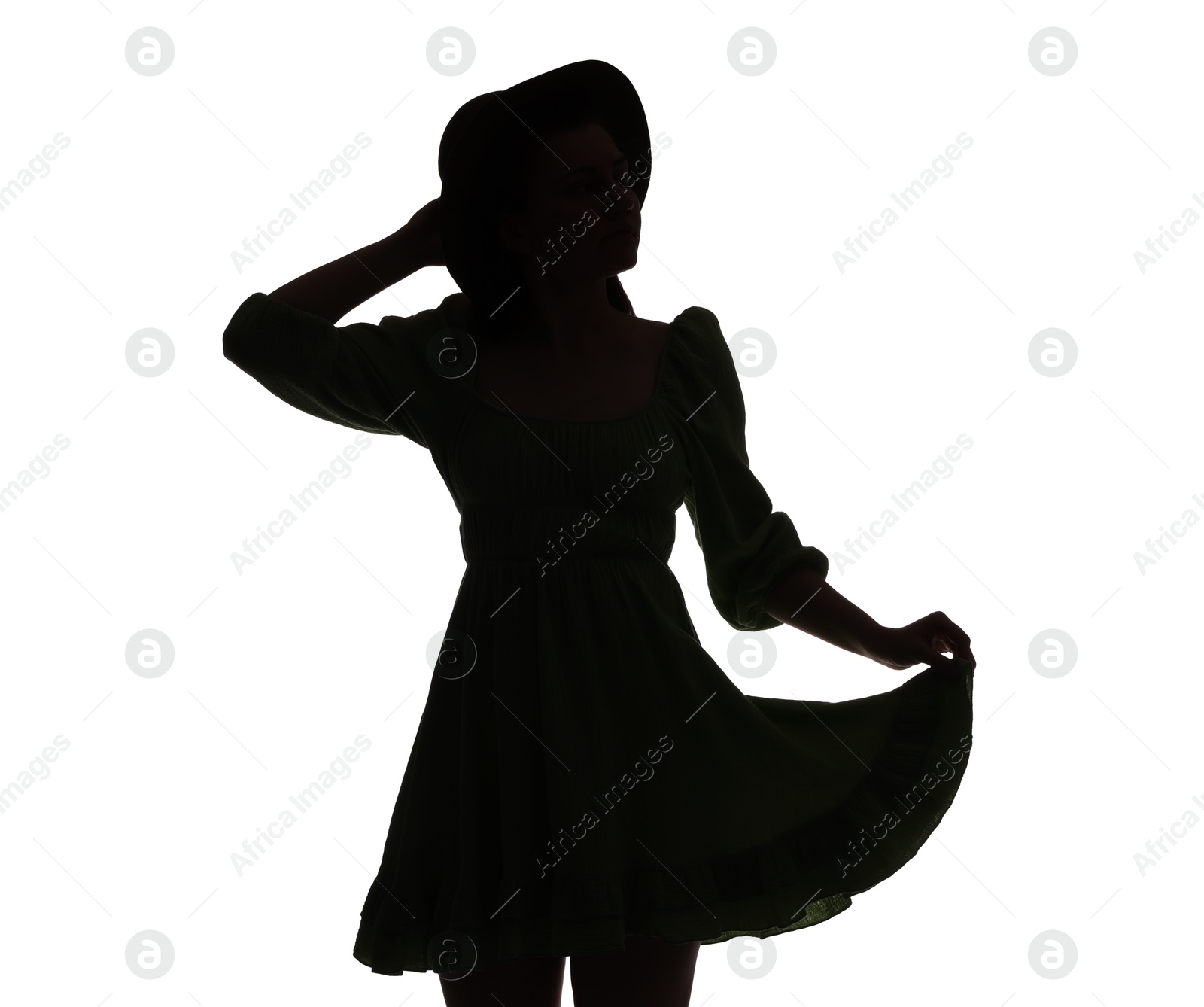 Silhouette of woman in dress on white background Photo of Silhouette of woman in dress on white background