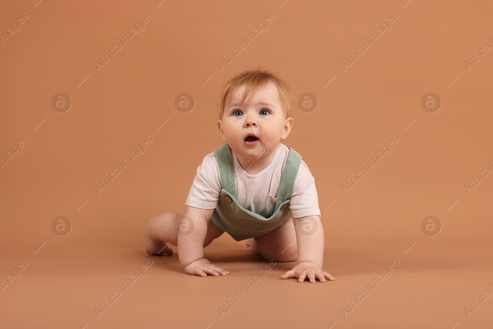 Cute little baby crawling on pale brown background Photo of Cute little baby crawling on pale brown background