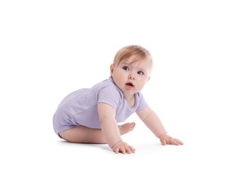 Photo of Cute little baby crawling on white background