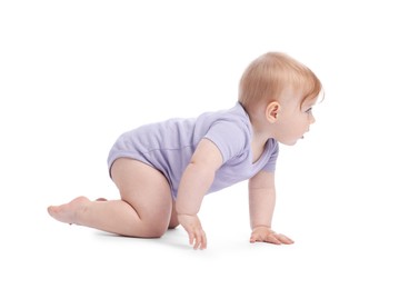 Photo of Cute little baby crawling on white background