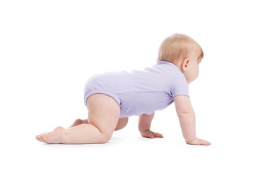 Photo of Cute little baby crawling on white background