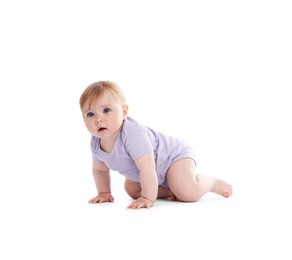 Photo of Cute little baby crawling on white background