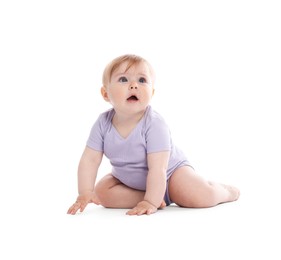 Photo of Cute little baby crawling on white background