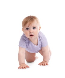 Photo of Cute little baby crawling on white background