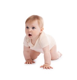 Photo of Cute little baby crawling on white background