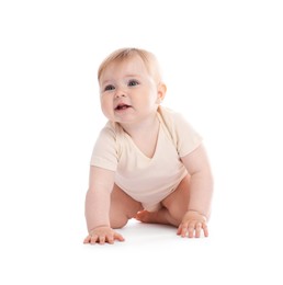 Photo of Cute little baby crawling on white background