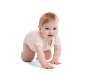 Photo of Cute little baby crawling on white background