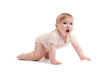 Photo of Cute little baby crawling on white background