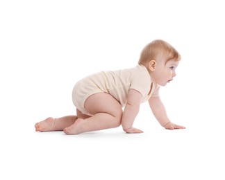 Photo of Cute little baby crawling on white background