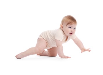 Photo of Cute little baby crawling on white background