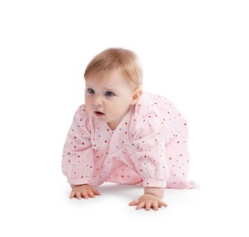 Photo of Cute little baby crawling on white background